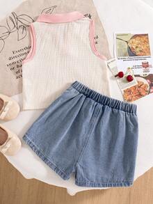 SHEIN Playful Pals 2件套少女夏季新款针织纹理面料立领无袖Polo衫和牛仔短裙套装，樱桃爱心装饰，波浪下摆，刺绣，休闲时尚 - 彩色 - 查看 3