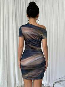 Chiquease Tie-Dye Asymmetric Ruched Short Sleeve Dress - Brown - View 2