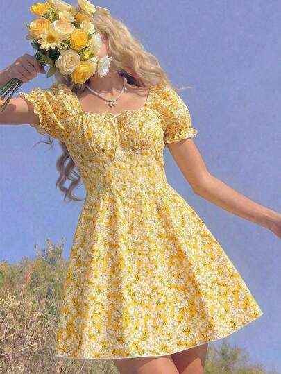 Vestido mini con estampado floral amarillo y volantes en las mangas para adolescentes, vestido elegante de vacaciones con decoración de lazo, lindo/playa/vacaciones