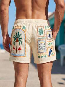 Manfinity Swimmode Men's Palm Tree Print Drawstring Waist Beach Shortst Holiday / Vacation / Beach / Hawaii / Tropical / Swim /  Bathing - Light Yellow - View 2
