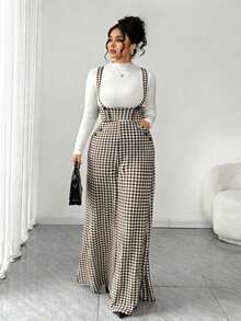 SHEIN Tall CURVE 大码女式千鸟格纽扣设计阔腿连体裤 - 咖啡棕 - 查看 4