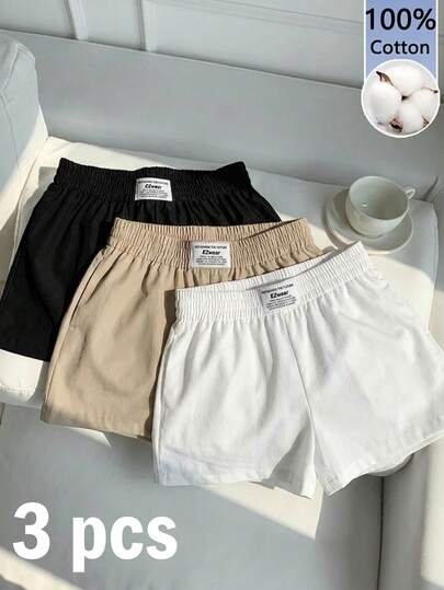 Comfortcana 3条装100%纯棉女士休闲短裤（黑色、白色、浅棕色、迷彩印花） - 舒适梭织面料，日常穿着，适合夏季及四季穿着，居家、上学、运动、健身、街头风皆宜，打造舒适柔软的少女风格。