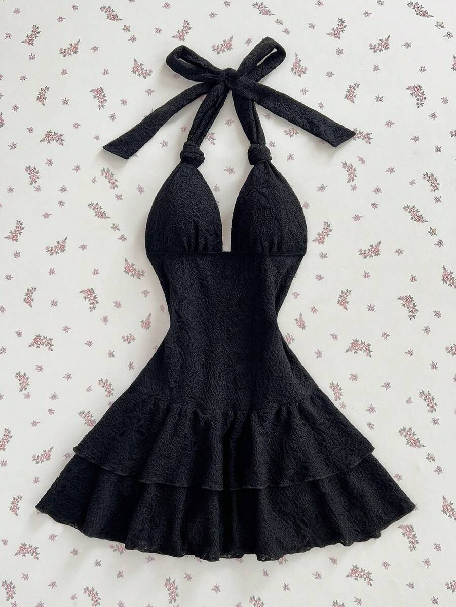 Elamini Vestido de vacaciones mini con cuello en V profundo, espalda descubierta y volantes en el bajo, de mujer, con textura jacquard - Negro - Ver 1