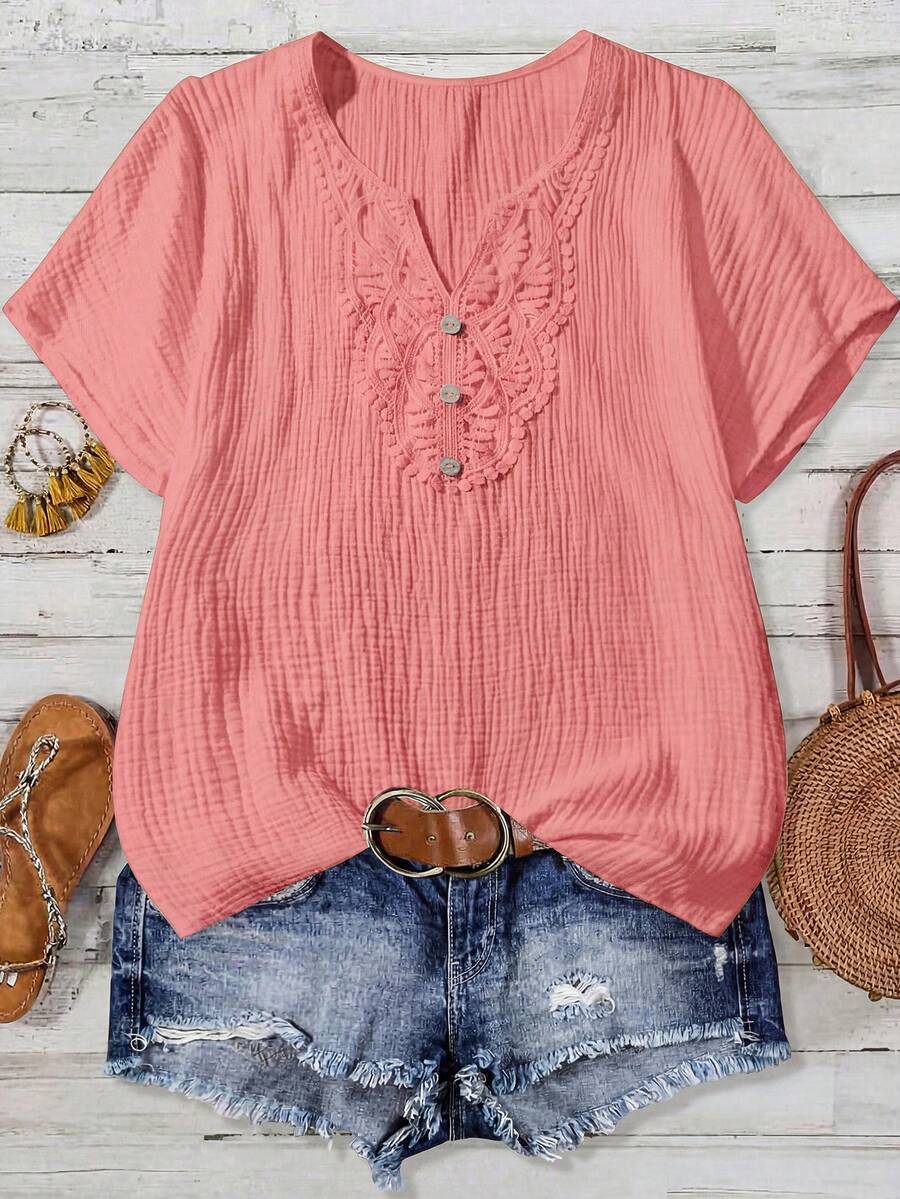 SHEIN LUNE CURVE Plus Size Women's Solid Color V-Neck Casual Versatile Daily Wear Shirt - Pink - View 1