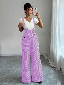 SHEIN Elenzya Women's Houndstooth Strap Straight Leg Jumpsuit - Mauve Purple - View 4