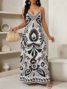 SHEIN Lady Đầm slip dáng rộng in họa tiết cây cỏ dành cho nữ cỡ lớn, thích hợp cho kỳ nghỉ. - Nhiều màu - Xem 4