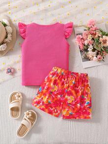 SHEIN Bộ 2 món cho bé gái, gồm áo thun và quần short cổ tròn không tay màu vàng in họa tiết hoa cầu vồng, có nơ trang trí, thích hợp mặc hàng ngày, đi học và chơi thể thao. - Màu Hồng Tươi - Xem 2
