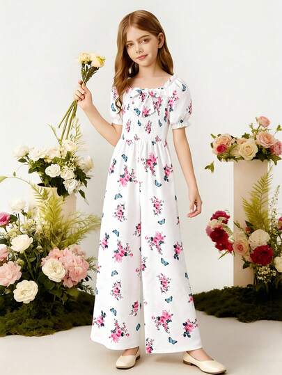 Girls' Floral Print Square Collar Petal Sleeve Jumpsuit, Suitable For Casual Daily Wear And Vacation, Summer