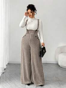 SHEIN Tall CURVE 大码女式千鸟格纽扣设计阔腿连体裤 - 咖啡棕 - 查看 5