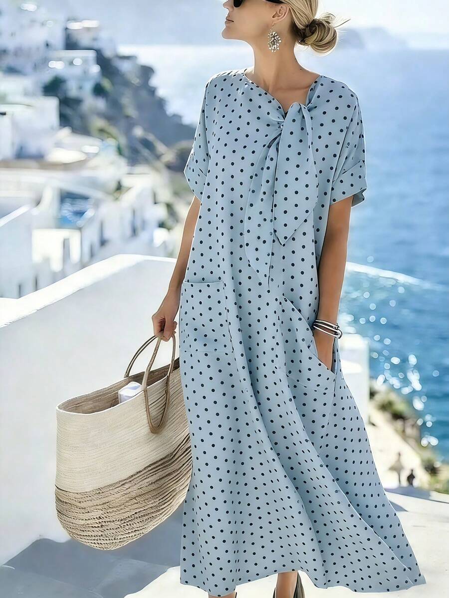 SHEIN LUNE 女士休闲宽松度假浅蓝色黑色波点系带腰带口袋连衣裙，夏季 - 灰綠 - 查看 1