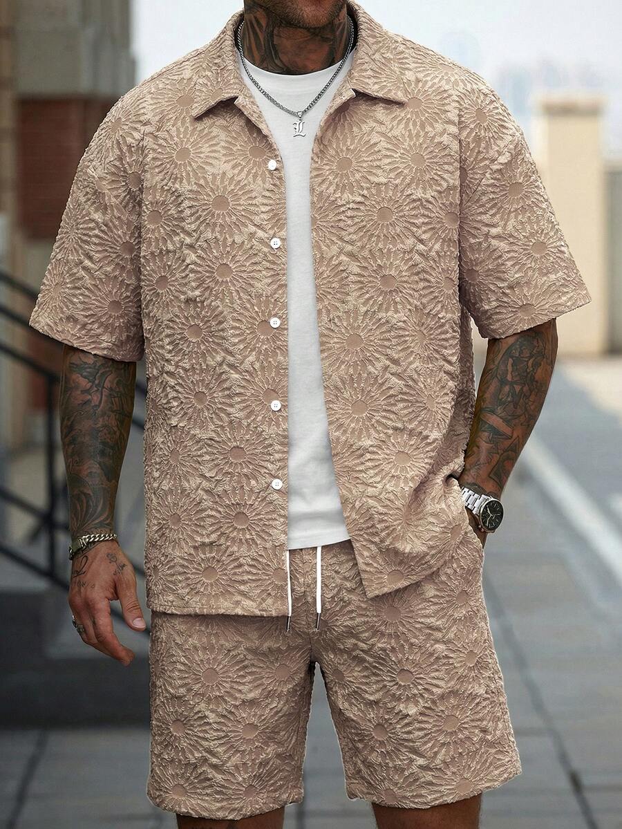 Manfinity CasualCool Bộ áo sơ mi và quần short nam kiểu dáng thường ngày, chất liệu jacquard. - Màu Khaki - Xem 1