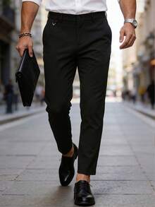 Manfinity Bizformal Men's Black Summer Business Casual Suit Pants,Smart Office Slim Fit Straight Leg Dress Trousers With Inverted Triangle Accents,Cropped Ankle Length - Black - View 4