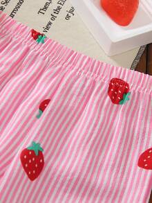 Genkimix Kids 两件套女婴甜美可爱公主风草莓印花无袖上衣和配套裤子套装，粉色条纹+3D草莓刺绣+荷叶边领，适合派对、亲子活动、日常穿着、返校季等场合。 - 粉色 - 查看 5