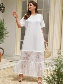 Rosumi Robe longue blanche en dentelle et patchwork pour grandes tailles, idéale pour les vacances - Blanc - Voir 5