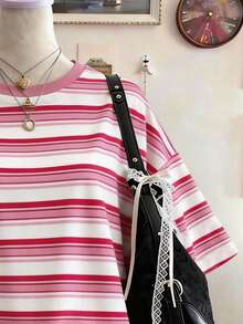 Lalippa Kaos Wanita Garis-Garis Digital Print Bergaya Minimalis Ukuran Besar Panjang Sedang Leher Bulat Bahu Jatuh, Hadiah untuk Teman - MultiWarna - View 3