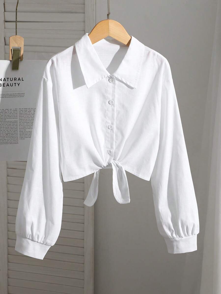 SHEIN 女童纯色轻薄夏季休闲衬衫 - 白色 - 查看 1