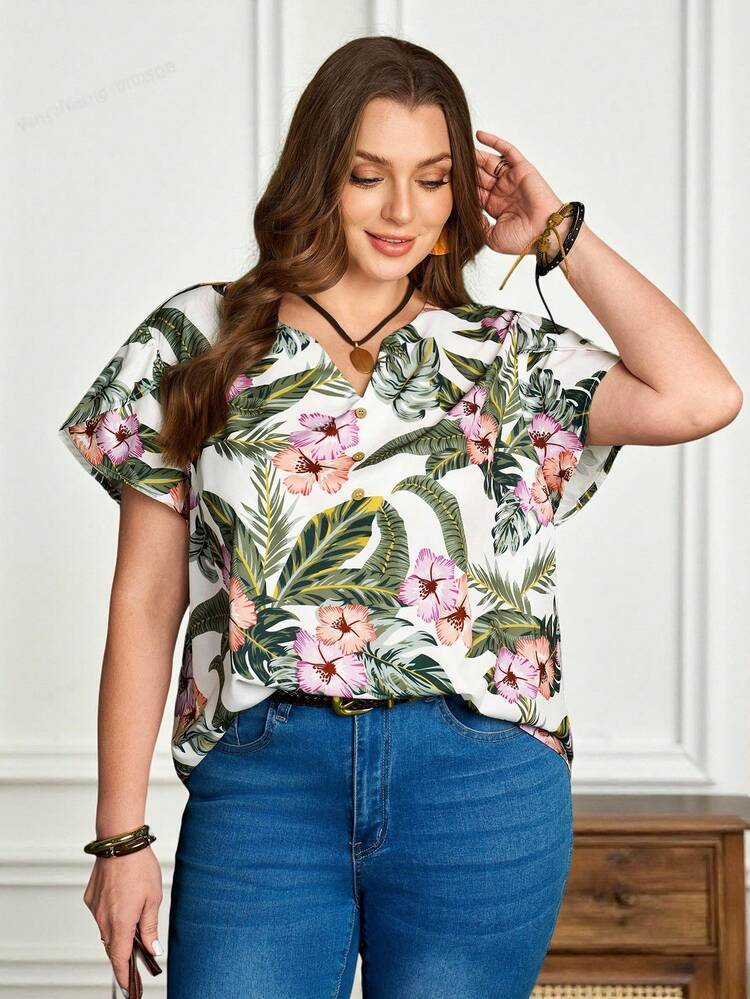 Plus Size Women's Tropical Plant Pattern Ruffle Sleeve Shirt Floral Tops Plus Size Plus Size Summer Shirts Tropical Top Vacation Tops Plus Size Blouse Plus Size Women Tropical Outfit For Women Plus Size Blouses For Women Summer Plus Size Shirts For Women Casual Blouse For Women Plus Size Women Plus Size Tops Women's Summer Outfits Blouse For Women Casual Women's Shirts For Summer Women's Tops And Blouses