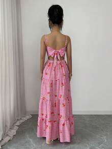 SHEIN Franclia Đầm hai dây màu hồng anh đào dáng xòe, thắt eo, dễ thương, thoải mái cho kỳ nghỉ hè, đầm mùa hè cho nữ, đầm anh đào cho nữ, đầm maxi mùa hè cho nữ, đầm dã ngoại, đầm hồng mùa hè, đầm nơ sau lưng, đầm maxi kẻ caro, đầm kẻ caro, đầm dâu tây cho nữ, đầm maxi cho nữ, đầm maxi nơ sau lưng, đầm dài mùa hè, đầm anh đào Gigi, đầm kẻ caro hồng, đầm dã ngoại cho nữ, đầm in hình anh đào, đầm nữ, đầm in hình anh đào cho nữ, đầm cho nữ, đầm đi nghỉ hè, đầm dã ngoại cho nữ, đầm kẻ caro - Hồng - Xem 3