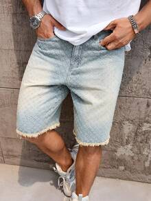 EGENSIO Men's Light Blue Distressed Wing Print Denim Shorts - Light Wash - View 3