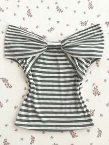 Flirla Women's Elegant Black & White Striped One-Shoulder Casual Commuting Chic T-Shirt, Spring/Summer - Grey - View 1