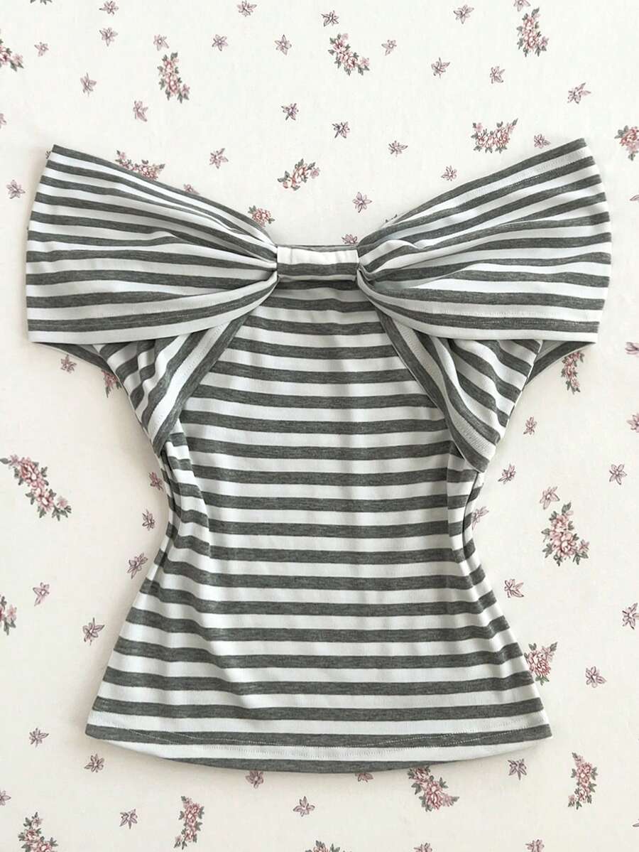 Flirla Women's Elegant Black & White Striped One-Shoulder Casual Commuting Chic T-Shirt, Spring/Summer - Grey - View 1