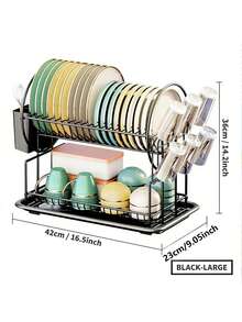 A Two-Layer Metal Dish Drain Rack, A Space Saving Countertop Storage Rack | A Multifunctional Kitchen Sink Side Shelf That Can Hold Plates, Dishes, And Utensils, An Essential Kitchen Accessory - Multicolor - View 6