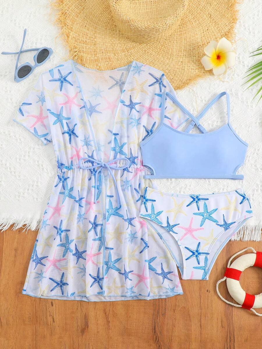 SHEIN Bộ bikini cho bé gái tuổi teen, chất liệu vải dệt kim in hình sao biển dễ thương, kiểu dáng thời trang thường ngày thanh lịch, phù hợp cho bơi lội, kỳ nghỉ hè, bãi biển, hồ bơi và các bữa tiệc. - Nhiều màu - Xem 1