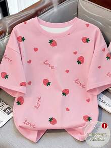 Resyla Áo thun nữ tay ngắn cổ tròn in hình dâu tây, quà tặng ngày lễ LOVE - Nhiều màu - Xem 3