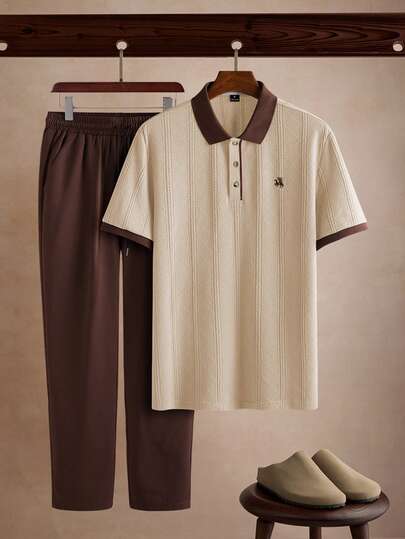 Core Aspect Men's Jacquard Knit Polo Shirt And Woven Pants Set, Casual Outfit. Suitable For Daily Outings, Gatherings With Friends, Or Casual Weekends. This 2 Pieces Set Is The Best-Selling Men's Outfit On INS.