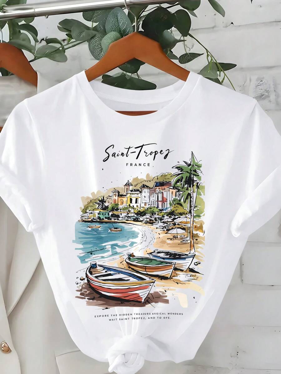 EMERY ROSE Áo thun nữ, áo thun tay ngắn in họa tiết phong cách đường phố thường ngày, áo mùa hè dễ thương. - trắng - Xem 1