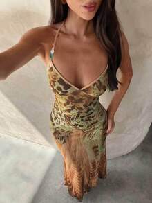 Aloruh Women's Spaghetti Strap Beaded Decor Leopard Print Fitted Dress,Summer Dresses For Women - Brown - View 4