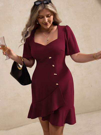 Elegantrix Vestido plus size feminino elegante com fivela metálica, gola quadrada e barra assimétrica com babados, para primavera/verão.