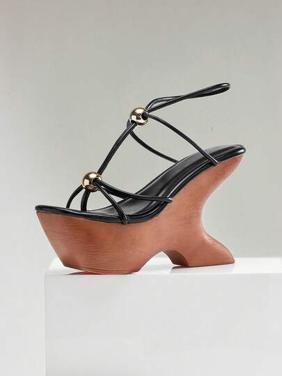 SHUZIA Giày sandal đế xuồng cao gót chunky với quai cài kim loại tối giản dành cho nữ.