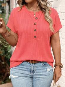 Selamara Fashionable Casual Basic Bestselling Neon Red Textured Waffle Fabric Raglan Sleeve Plus Size T-Shirt With Button Placket Design - Red - View 4