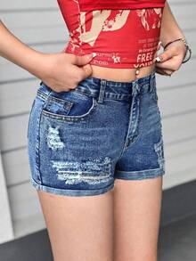 SHEIN Girlism Slitna jeansshorts med fickor och mudd för tjejer, två - Mörktvätt - Visa 3