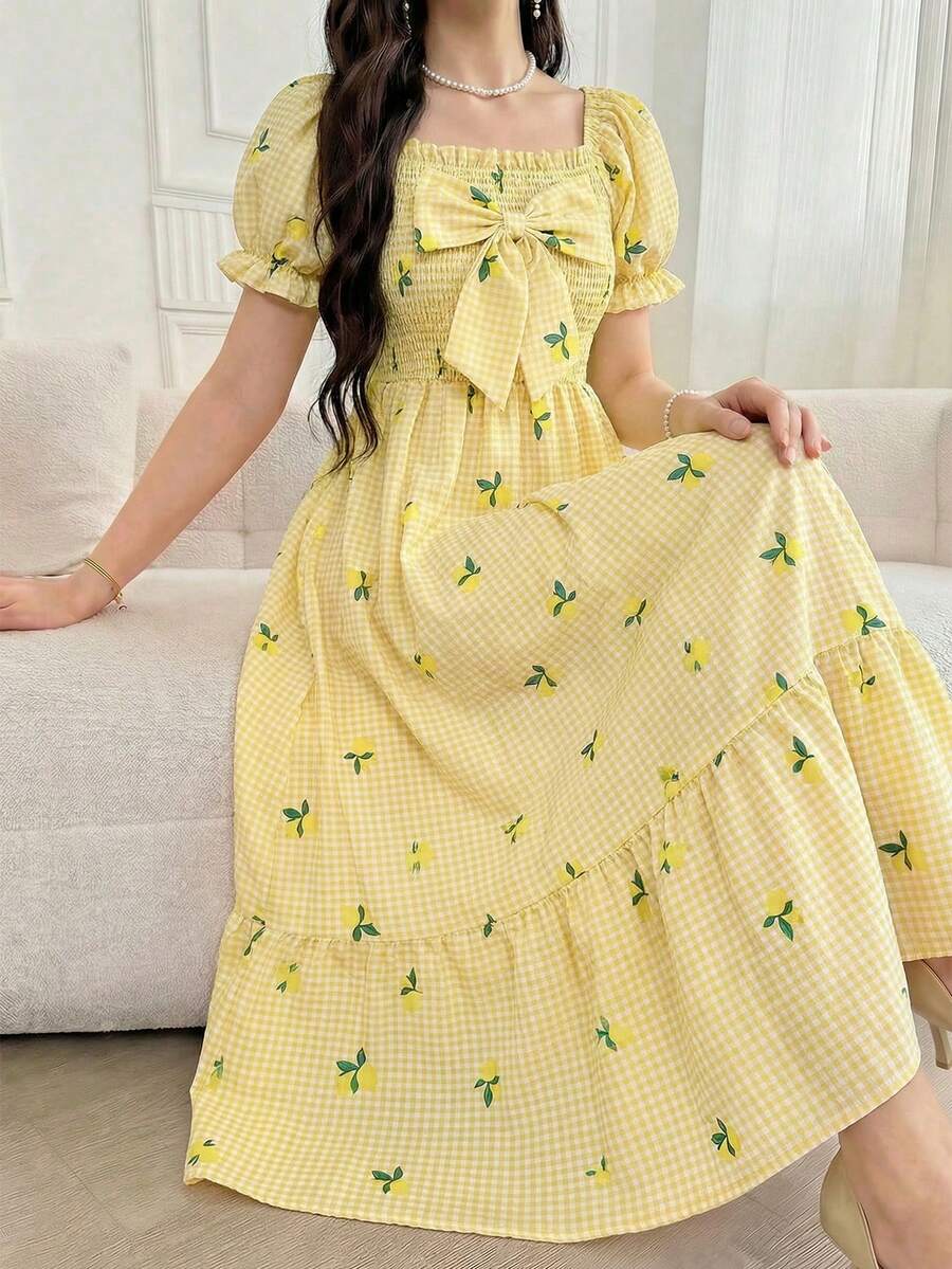 SHEIN 少女碎花无袖连衣裙 - 黃色 - 查看 1
