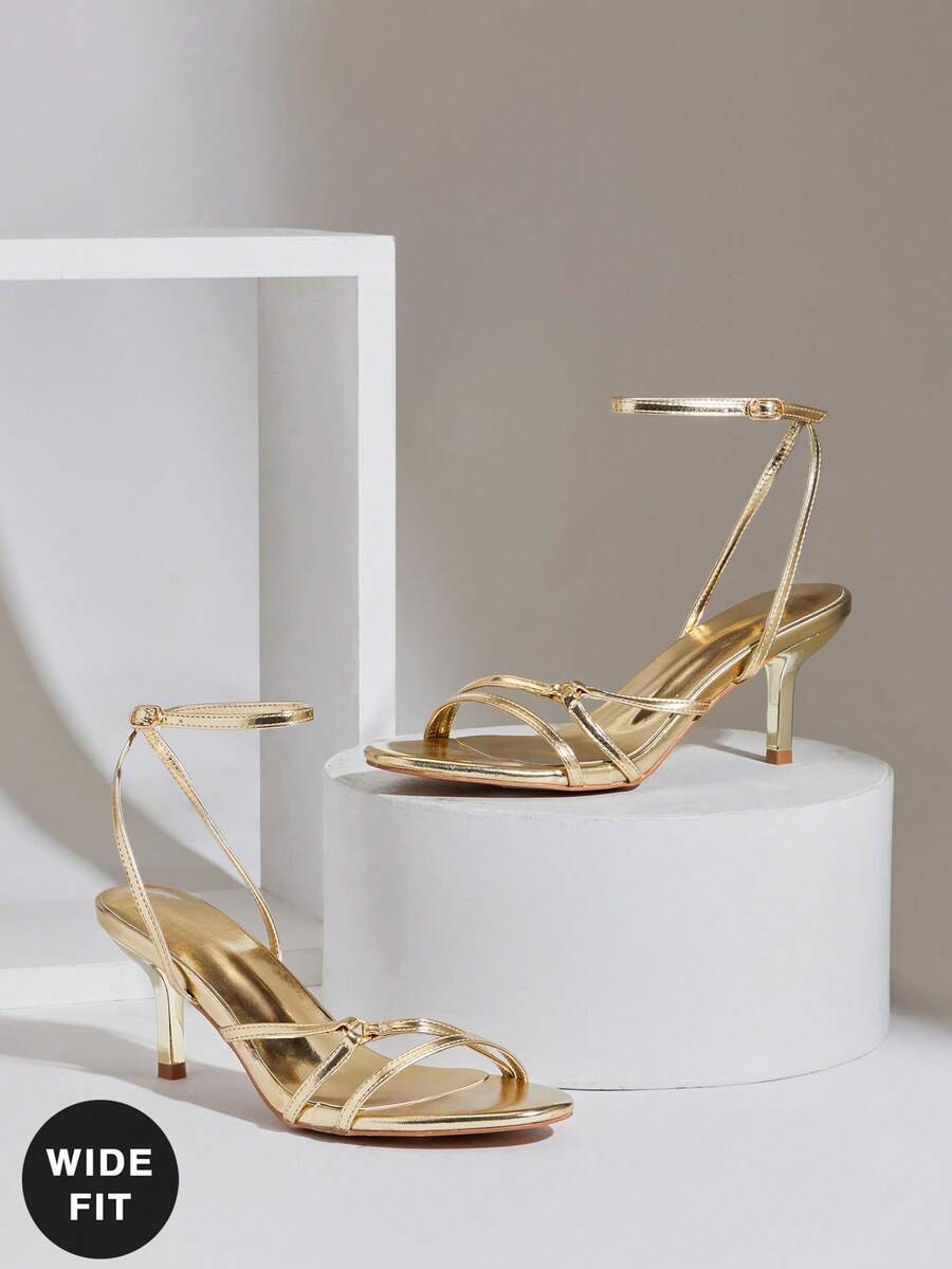 SHUZIA 女士宽楦优雅简约圆头踝带细高跟凉鞋 - 金色 - 查看 1