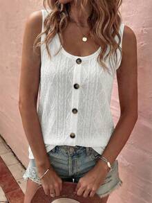 SHEIN LUNE Women's White Round Neck Knitted Button Design Tank Top,Casual Summer Boho Vacation Holiday Outfits,Solid Color Zipper Zip Up Cardigan Daily Tops - White - View 3