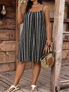 SHEIN CURVE+ Curve 尺码 US22 音乐节、海滨度假、波西米亚风女士休闲几何印花连体裤 - 黑與白 - 查看 7