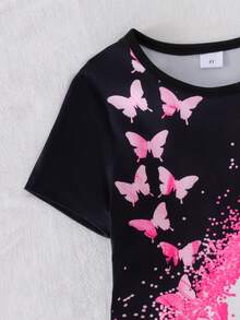 Set de 2 piezas de camiseta de manga corta con estampado de mariposa de color contrastante y pantalones acampanados con estampado de mariposa de color contrastante, adecuado para uso al aire libre en verano, para niñas jóvenes de moda minimalista - Multicolor - Ver 5