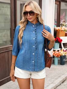 EMERY ROSE Áo sơ mi denim nữ kiểu dáng thường ngày, cổ đứng. - Rửa trung bình - Xem 4