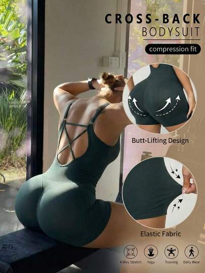 Seamluxe SHEIN Sport Bộ áo liền quần nữ màu trơn, lưng thun, không lưng, thích hợp cho mùa hè.