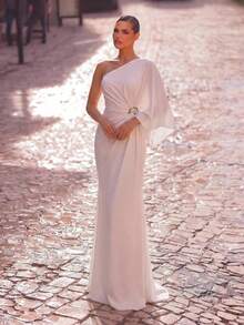 Aureia White,Spring,Elegant,Party,Wedding Minimalist Asymmetric Sleeve Waist Pleated Metal Buckle Flared Hem Maxi Dress,Suitable For Festivals,Galas,Concerts - Apricot - View 9