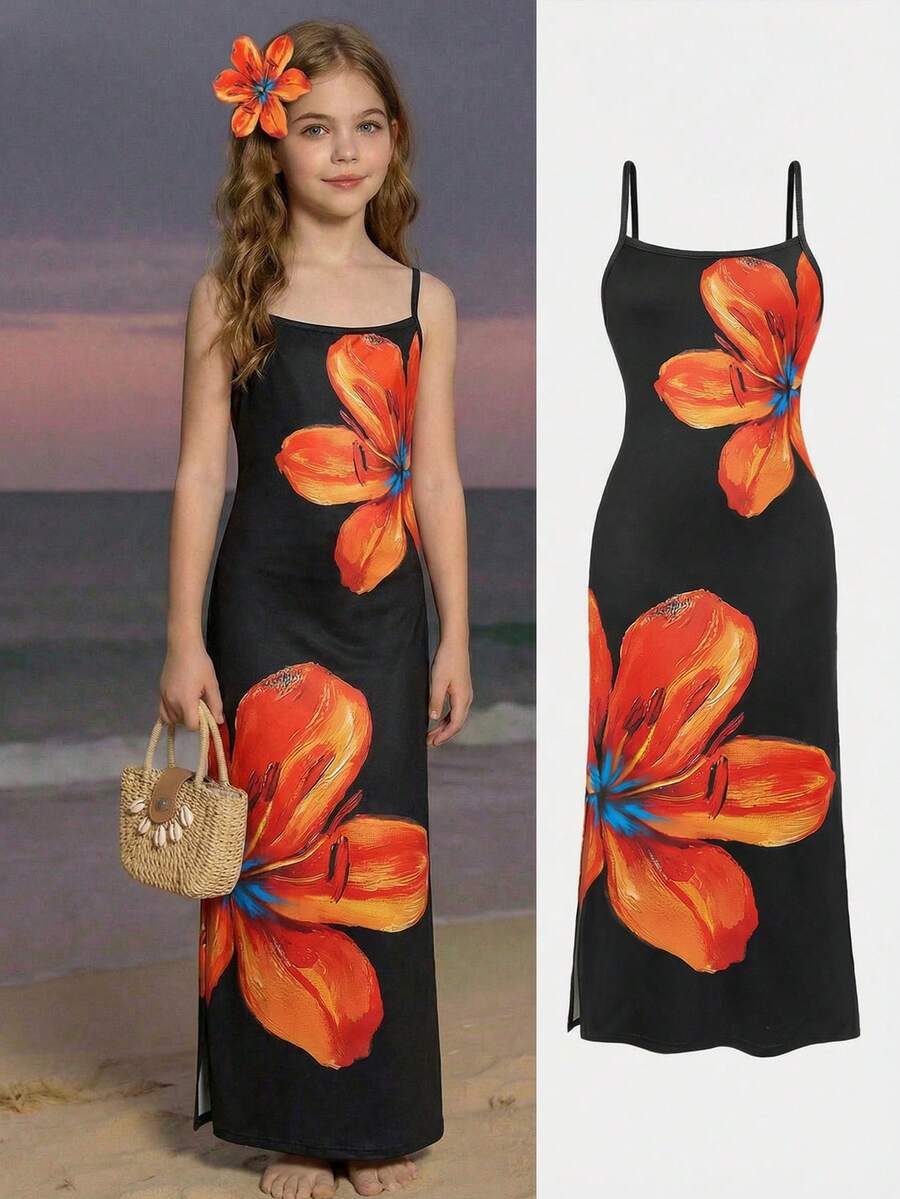 SHEIN Đầm xẻ tà màu đen in họa tiết hoa nhiệt đới, thích hợp cho bé gái tuổi teen, kiểu dáng thường ngày đi nghỉ mát. - màu đen - Xem 1