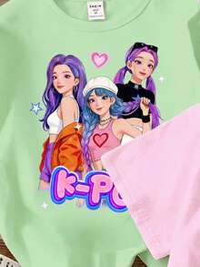 3件套少女休闲上衣，春夏秋季，时尚创意个性清新可爱卡通虚拟少女组合舞台爱心星字母印花基础款短款T恤，白色、粉色、紫色，舒适日常夏季款式，适合少女穿着。 - 彩色 - 查看 4