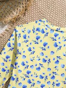 SHEIN Yellow Base With Blue Ditsy Floral One-Piece Swimsuit For Tween GirlsSun Protection Casual Beach Holiday Swimming - Multicolor - View 4