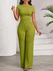 SHEIN Lady Bộ đồ nữ màu trơn, cổ lệch, ôm sát, gồm áo và quần, kiểu dáng thường ngày. - màu xanh lá - Xem 5