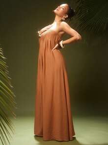 Hauture Women's Sexy Bandeau Loose Fit Pleated Elastic Maxi Dress For Vacation - Yellow - View 4