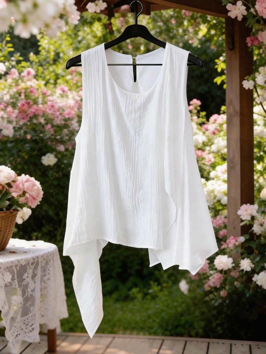 Lyxana Textured Asymmetrical Round Neck Vacation Style Elegant & Fashionable Casual French Blouse For Women - White - View 1