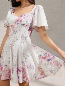 Rafferiza 女士碎花方领连衣裙，短袖浪漫碎花优雅迷你连衣裙 - 杏色 - 查看 4